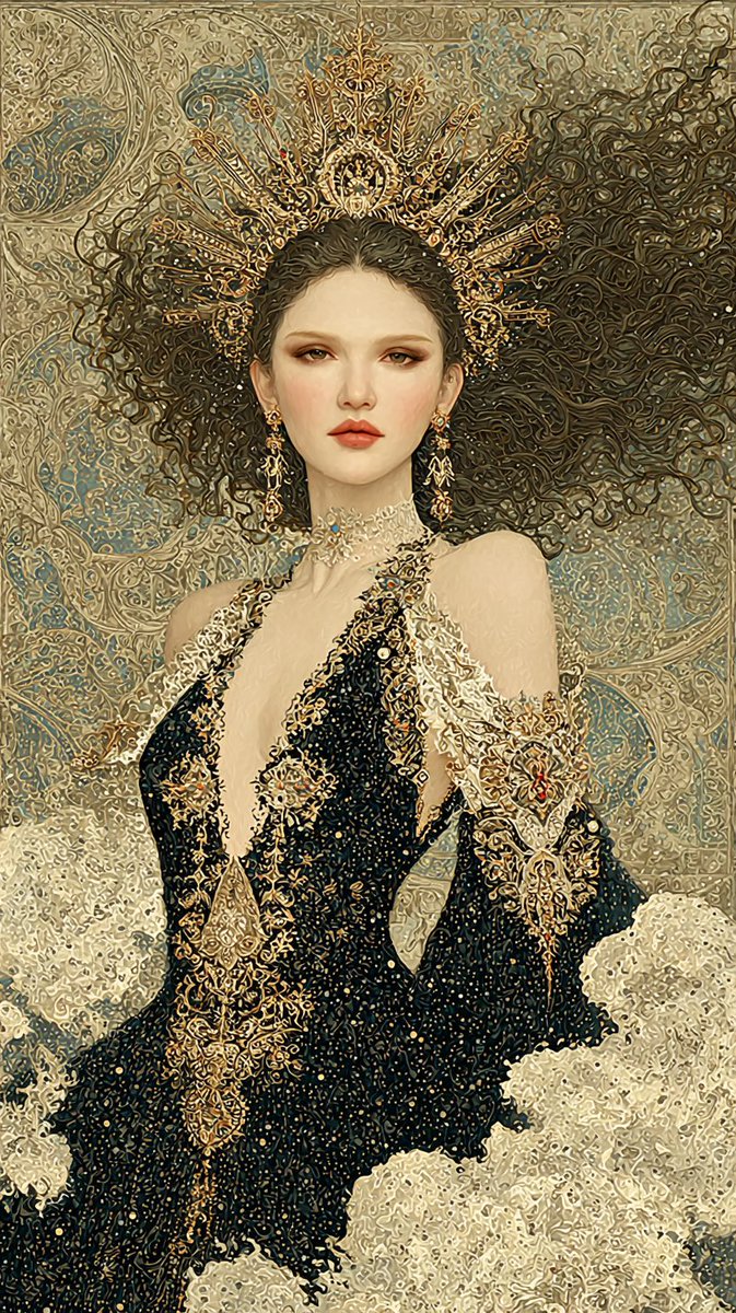 高度精细的奇幻人像画：一位美丽的空灵女子，肌肤苍白，唇色艳红，目光深邃，浓密的深棕色长卷发狂野飞扬，头戴华丽精致的金色头饰王冠，带有繁复的镂空花纹与尖刺，佩戴垂坠的金色耳环、颈圈项链，身着一袭...