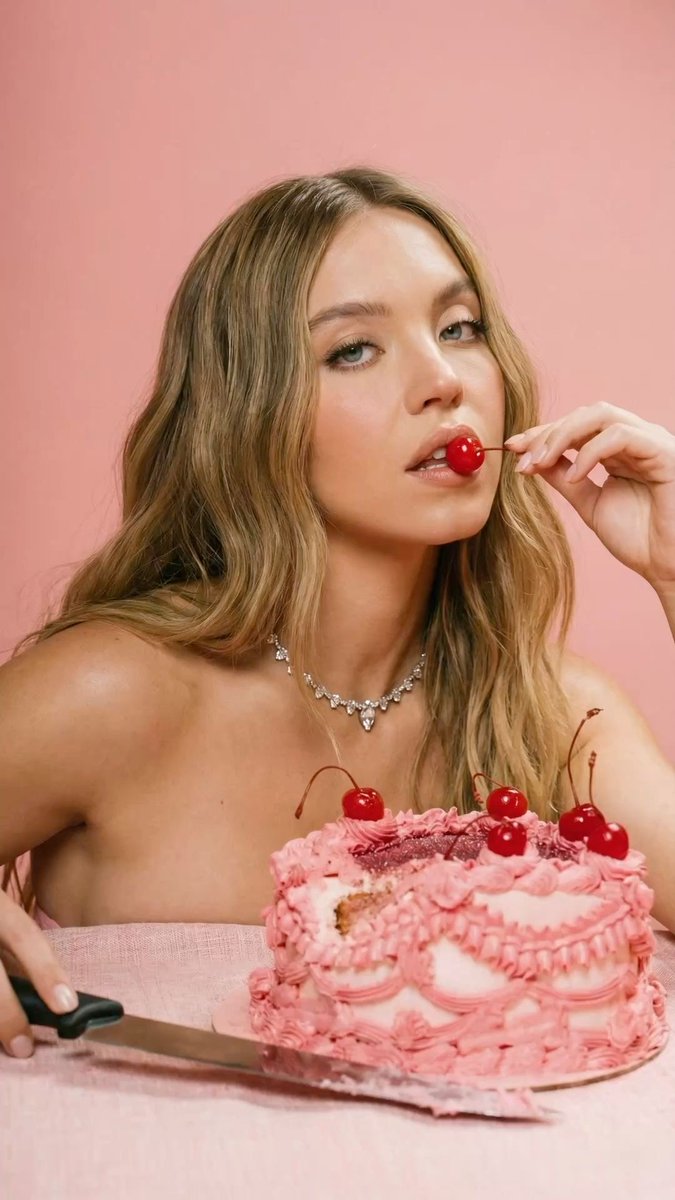Sydney Sweeney 给了我灵感。剩下的交给 AI。提示词如下。 nano banana pro 🍒 { "prompt": "Pink aesthetic birthday cake...
