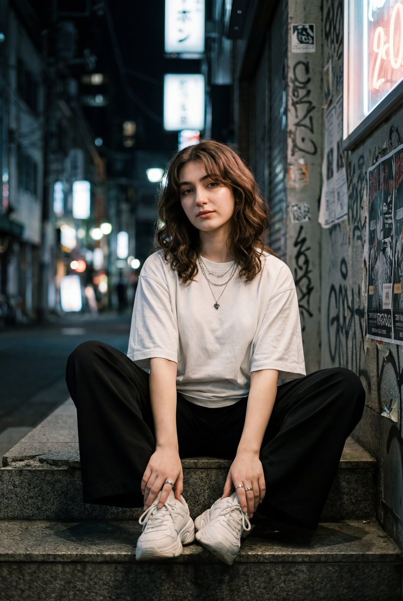 电影感街拍风格肖像：一位年轻女性坐在城市小巷的混凝土台阶上，柔和而忧郁的光影，及肩的波浪状棕色卷发配八字刘海，神态从容自信，身穿宽松的白色T恤、黑色宽松阔腿裤和厚底白色运动鞋，搭配极简银色首饰...