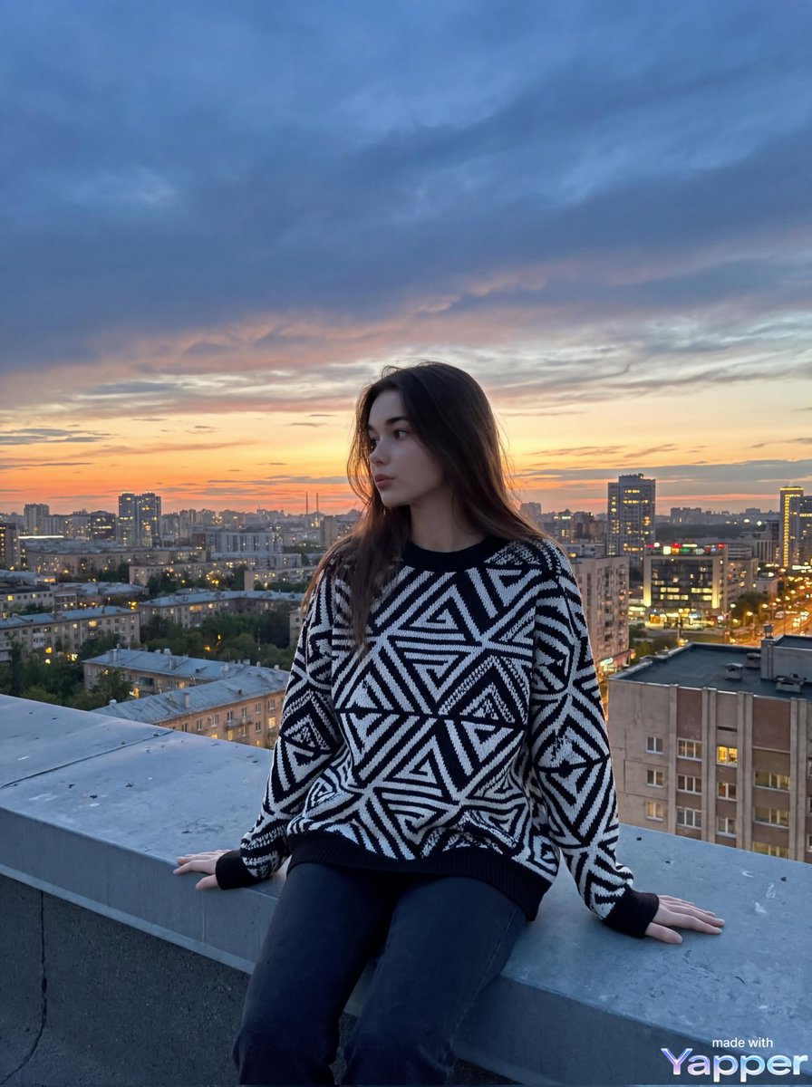 一位年轻女性站在屋顶阳台上,俯瞰日落时分城市景观, 随意地倚靠在阳台栏杆上,双臂自然放置,姿态放松, 神情平静,略带若有所思, 侧头望向夕阳,...