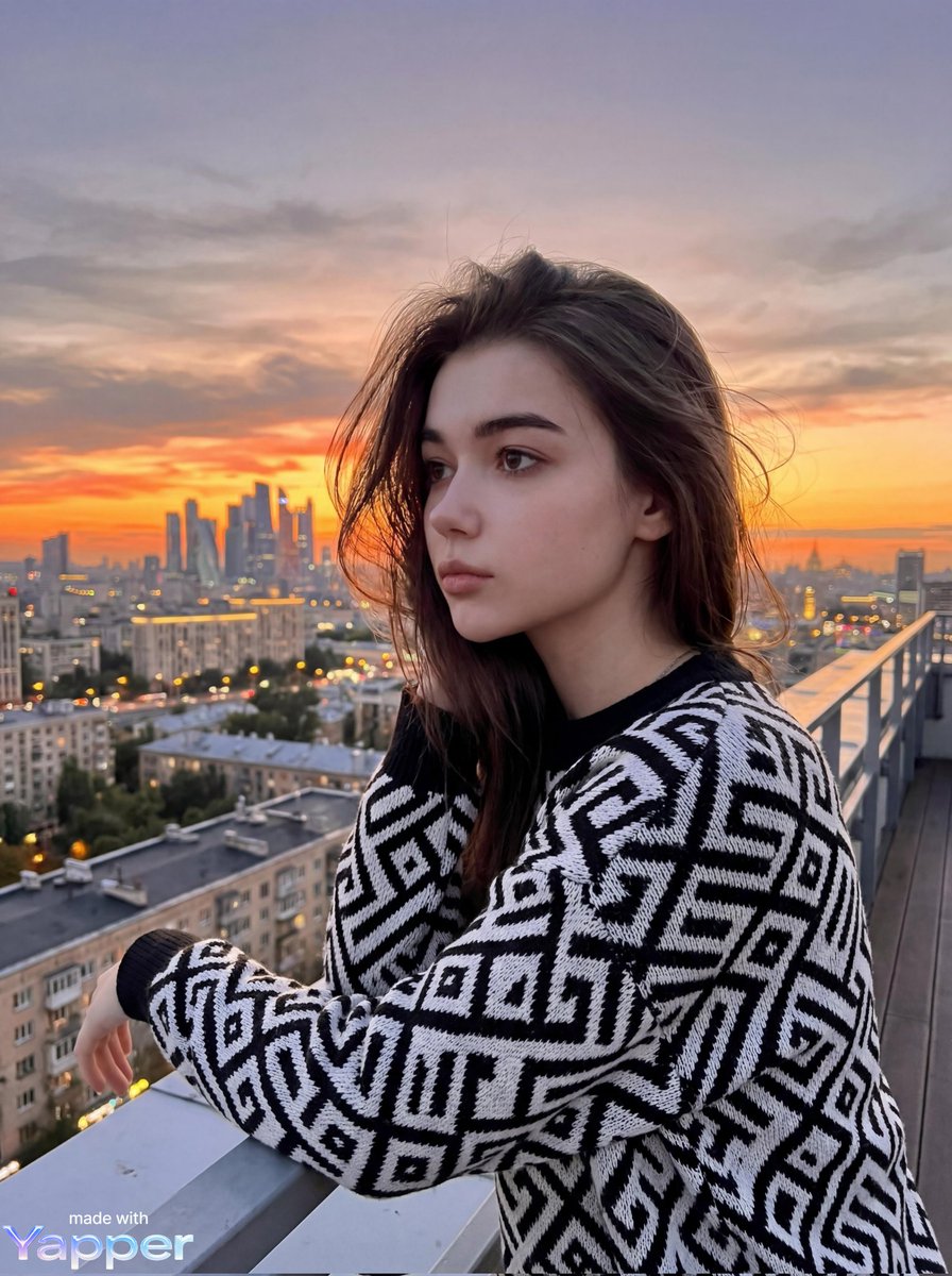 一位年轻女性站在屋顶阳台上,俯瞰日落时分城市景观, 随意地倚靠在阳台栏杆上,双臂自然放置,姿态放松, 神情平静,略带若有所思, 侧头望向夕阳, 自然日落光照, 来自地平线的柔和逆光, 天际线笼...