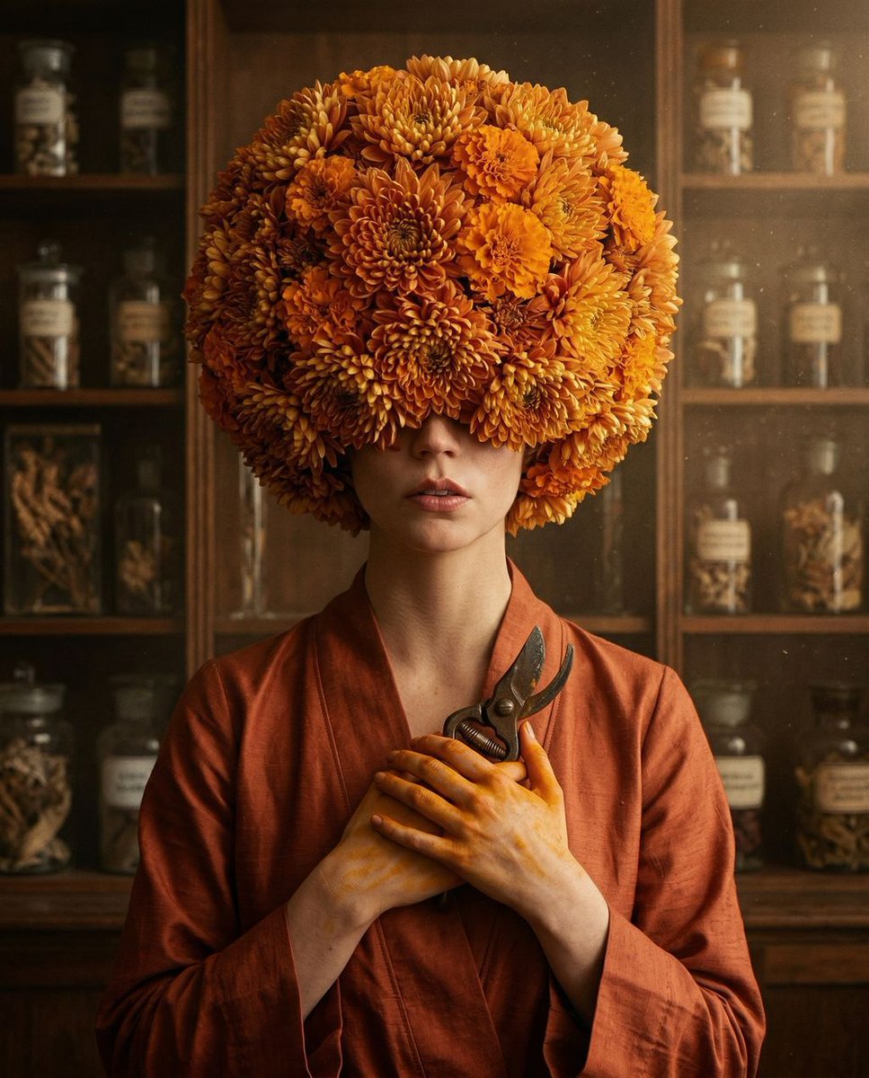 女性, The Melancholic Prodigy, Ageless, Universal, Upper face obscured by dense floral sphere, mou...