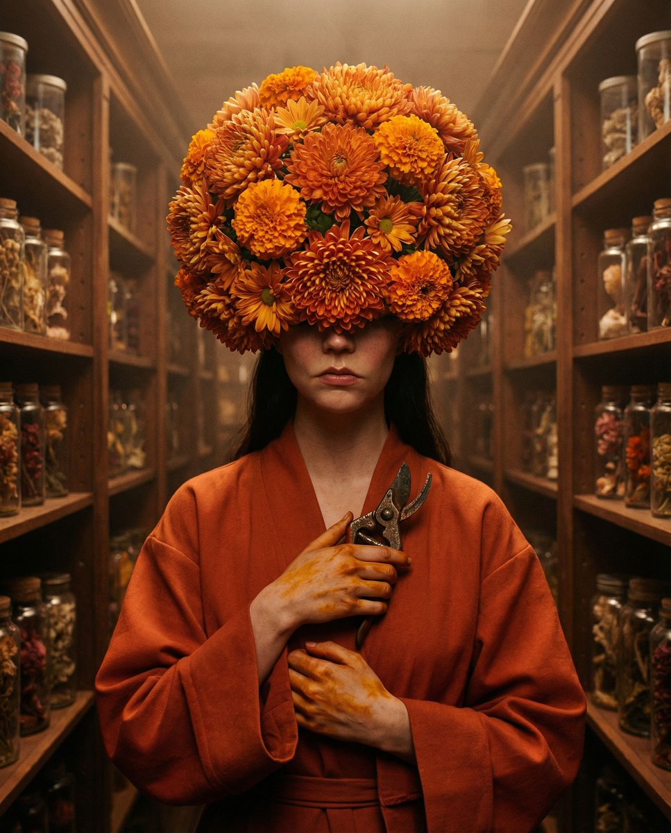 女性, The Melancholic Prodigy, Ageless, Universal, Upper face obscured by dense floral sphere, mou...