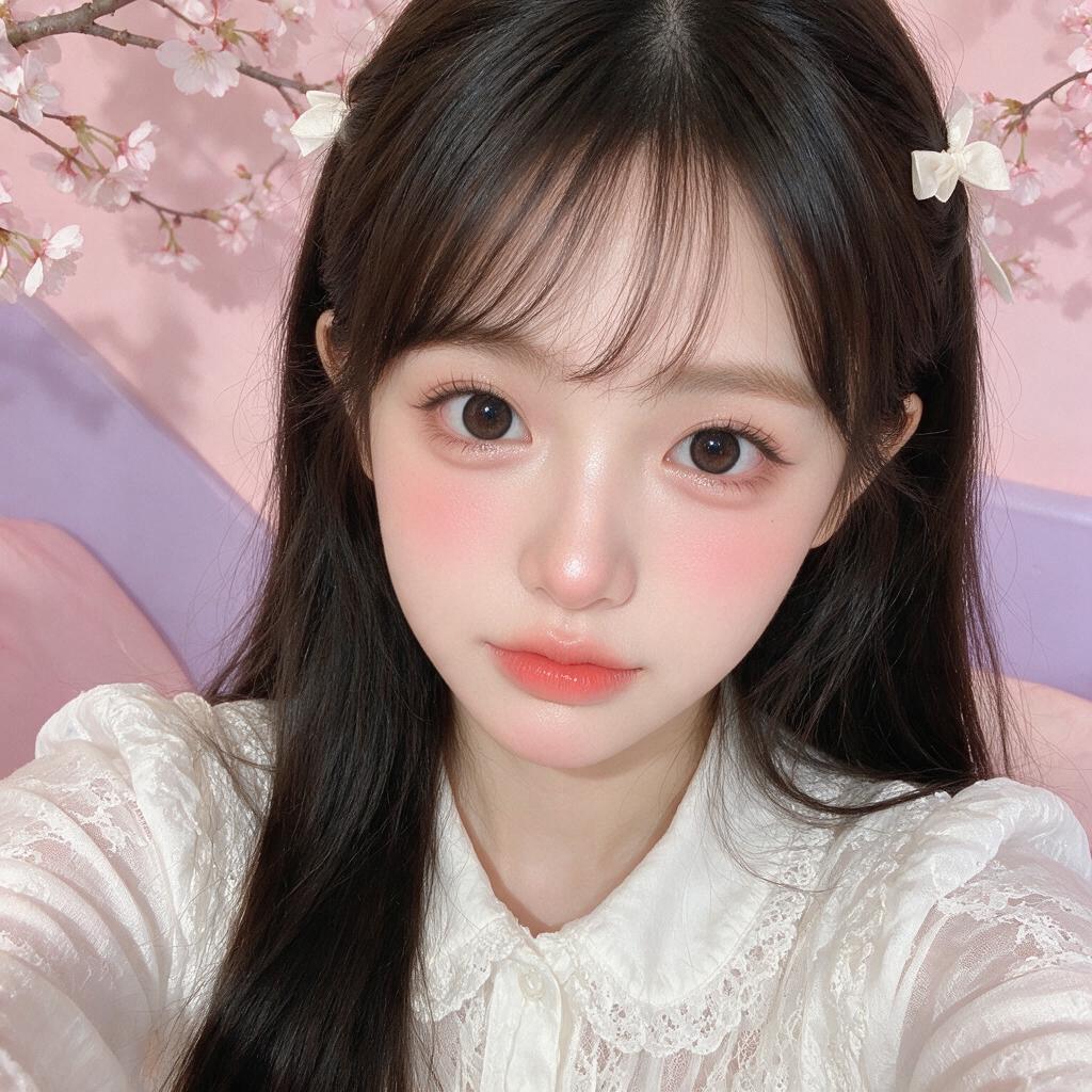 年轻亚洲女性，大而闪亮的鹿眼，柔和渐变粉色嘴唇，蓬松直眉，水光玻璃肌，粉色腮红，卧蚕闪粉，粉彩粉色服装，仙女灯背景