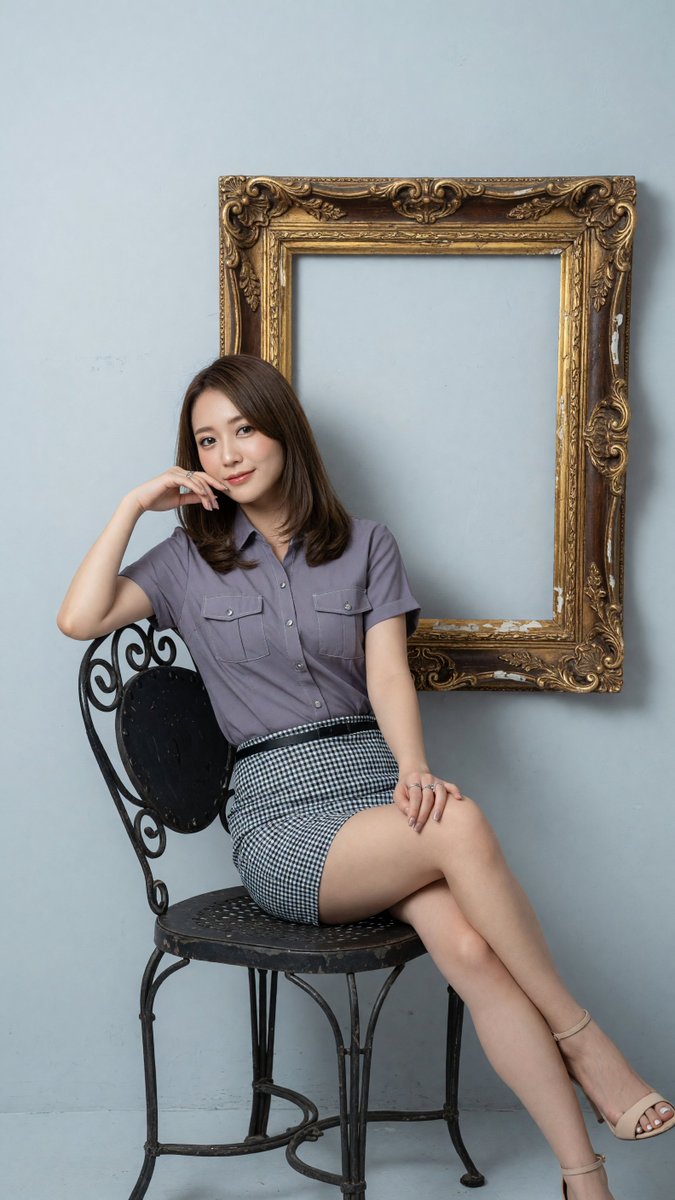 一位年轻东亚女性，留着柔软的及肩棕色长发，淡妆素雅，优雅地坐在一把复古深色金属工业椅上，双腿交叉伸展。她身穿短袖淡紫灰色纽扣衬衫，胸前有两个口袋，搭配紧身黑白格纹迷你裙和米色露趾高跟凉鞋。她微...