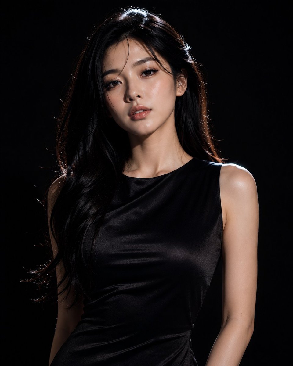 一次超写实的高端时装工作室摄影，由一位二十出头的美丽年轻韩国女性自信地摆出大胆、具有编辑风格的姿态。她拥有无瑕的瓷白肌肤、丝滑的长黑发、精致的脸部轮廓、富有表现力的深棕色双眸，以及搭配柔亮唇彩...
