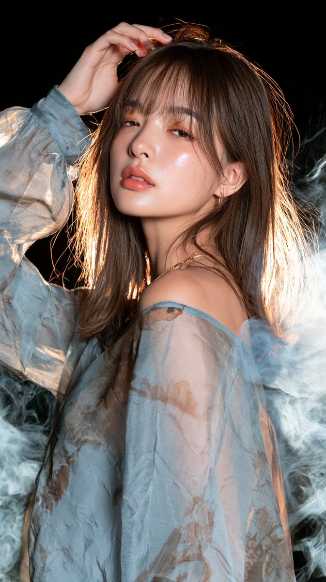 [Midjourney 提示词] 美丽的年轻东亚女性,留着柔软的浅棕色头发和精致的刘海,回头望向镜头,表情温柔,嘴唇微微张开,一只手抬起轻抚头发,妆容柔和自然,唇部润泽,肌肤水润,身穿一件透明...