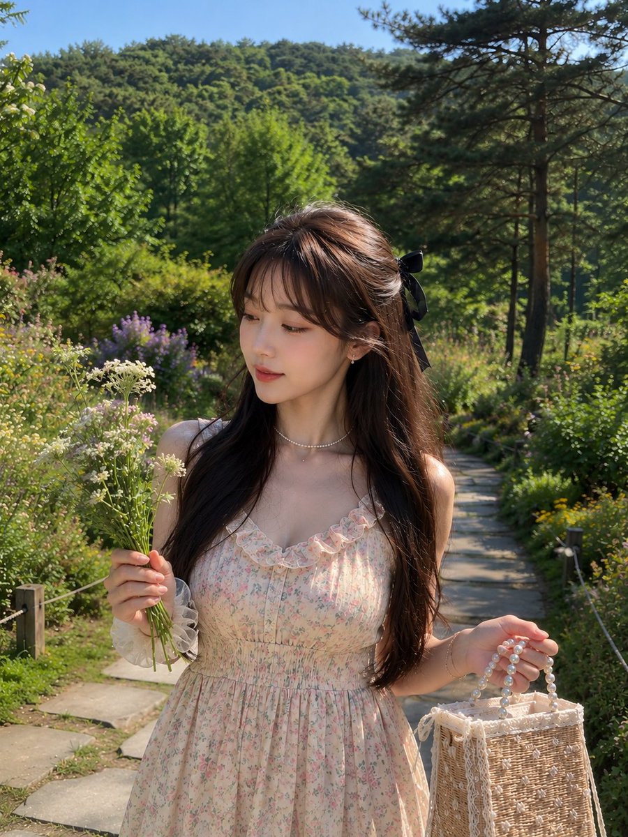 梦幻般的超写实肖像：一位美丽的年轻东亚女性，在一个明亮的春日下午漫步于郁郁葱葱的植物园中。她有着柔顺的深棕色长发，搭配柔和轻盈的空气刘海，佩戴着黑色丝带蝴蝶结；肌肤如瓷般莹润发光，棕色的温柔眼...