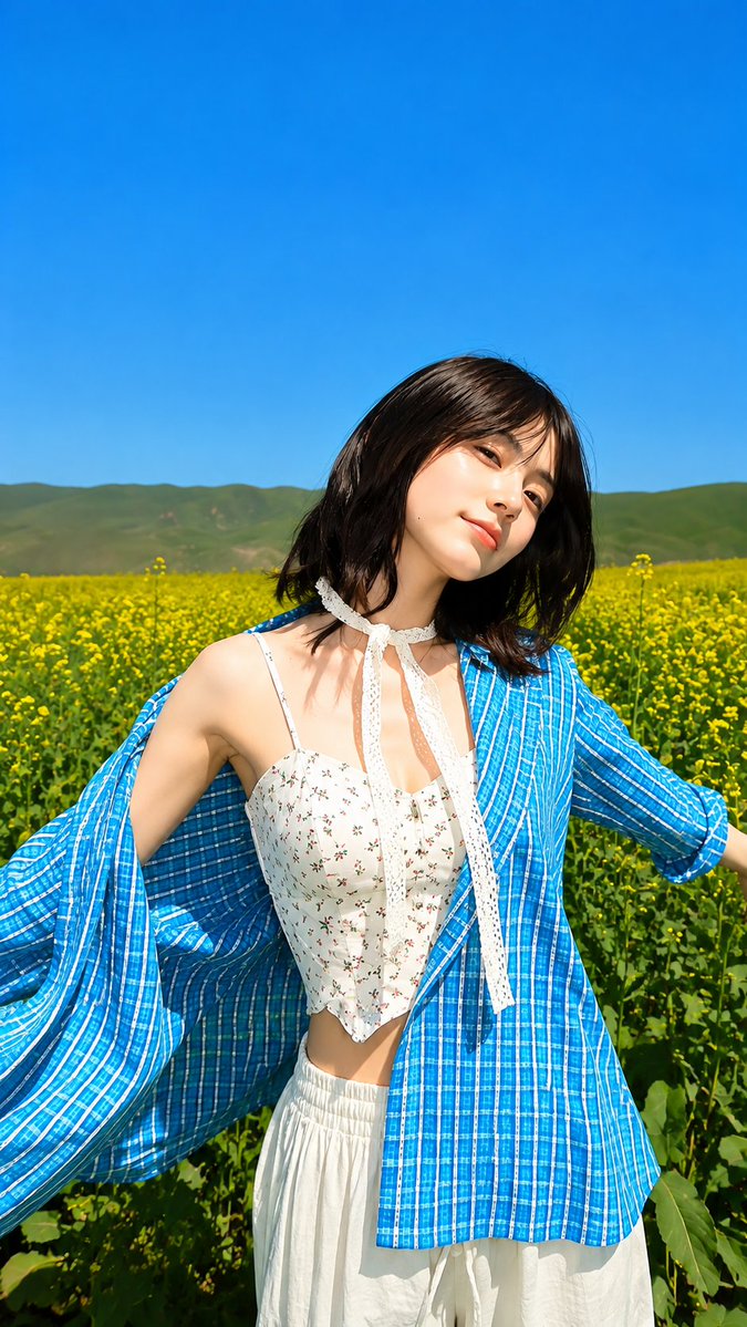 超现实主义的编辑级时尚摄影：一位年轻的东亚女性伫立于无尽绽放的黄色油菜花田中央，头顶是清澈深邃的湛蓝天空。以略低的仰视角度、三分之二侧面构图进行拍摄，她将头转向镜头，神情平静而梦幻。一只手臂自...