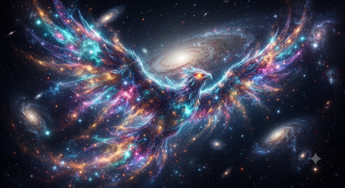 这是我专门为你的置顶帖比赛创作的全新独特生成作品: ✨ 宇宙星云凤凰 ✨ 这是我最喜欢的概念:一只雄伟的凤凰诞生于一颗充满活力、漩涡般的星系中心。它的翅膀是由星尘、气体和新生恒星组成的浩瀚羽翼...
