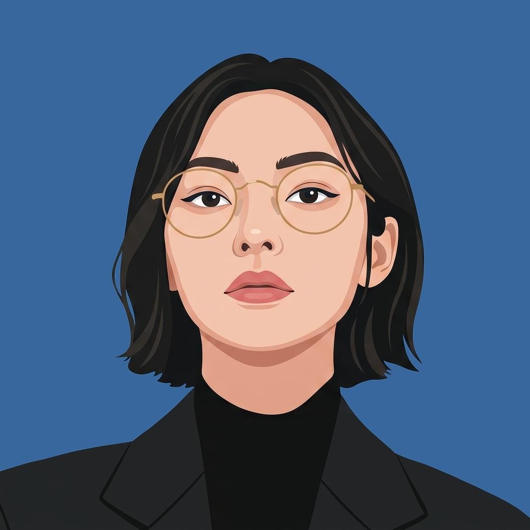 现代扁平插画风格的居中正面人像矢量肖像。干净的几何形状、平滑的渐变、清晰的轮廓、极简的面部细节、对称构图、柔和的肤色、富于表现力的眼睛、细腻的阴影，以及简单的纯色背景。主体从胸部以上占据画面的...