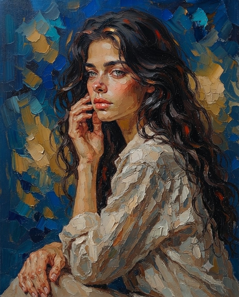 一幅引人入胜的油画肖像画，画中是一位留着长长深色波浪卷发、拥有一双富有表现力的绿榛色眼睛的女性，身着一件带有质感纹理浅色衬衫。艺术风格以厚重的可见厚涂笔触和浓重的画刀质感为特征，营造出立体、可...