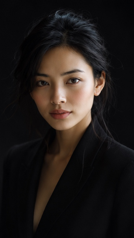 GPT Image 2 on ChatGPT Prompt⬇️⬇️⬇️ 一位年轻成年东亚女性站在纯黑色摄影棚背景前，画面为胸像近景，从胸部上方拍至头顶。人物位于画面中央略偏左，身体微微侧向画面...