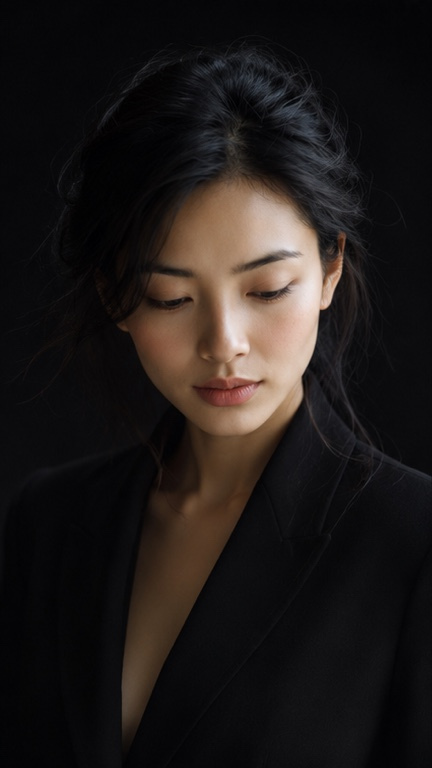 GPT Image 2 on ChatGPT Prompt⬇️⬇️⬇️ 一位年轻成年东亚女性站在纯黑色摄影棚背景前，画面为胸像近景，从胸部上方拍至头顶。人物位于画面中央略偏左，身体微微侧向画面...