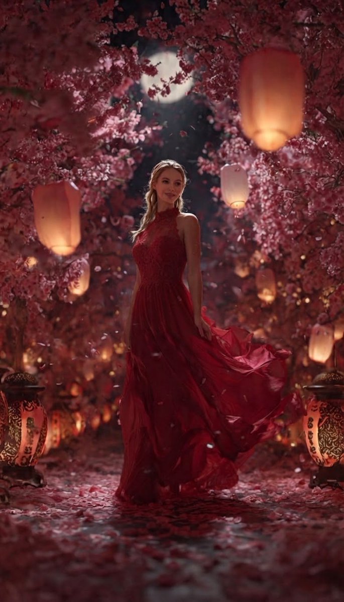 一个电影感的全身镜头,一位优雅的金发女子站在一条魔法般迷人小径的中央,小径两侧是繁茂盛开的樱花树,头顶悬挂着散发柔光的夜空明月。她身穿一件飘逸优雅的红色挂脖式晚礼服,裙摆呈喇叭状旋展开来,捕捉...