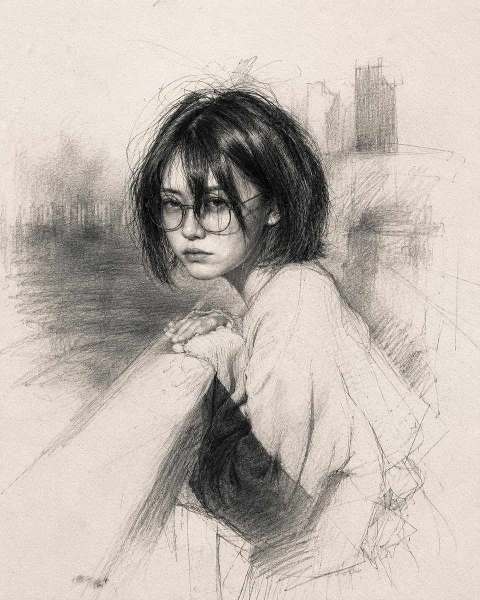 一幅极具表现力的石墨铅笔肖像画，绘于带肌理的精细艺术绘图纸上，4:5 宽高比。 以约 85–90% 的完成度进行创作,刻意保留未完成的部分、开放的轮廓线、辅助构图线以及可见的艺术决策痕迹。肖像...