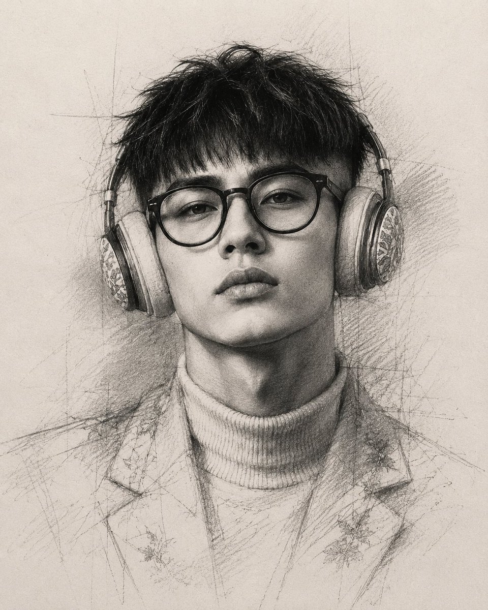 一幅极具表现力的石墨铅笔肖像画，绘于带肌理的精细艺术绘图纸上，4:5 宽高比。 以约 85–90% 的完成度进行创作,刻意保留未完成的部分、开放的轮廓线、辅助构图线以及可见的艺术决策痕迹。肖像...