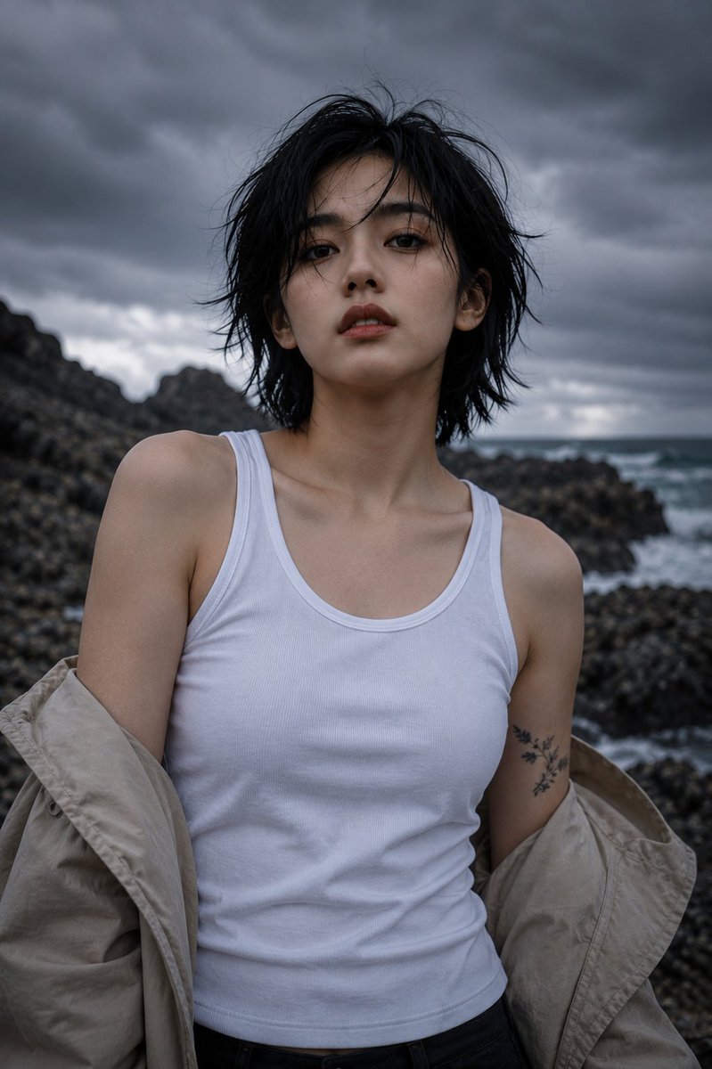 超写实编辑级时尚人像：一位年轻东亚女性站在崎岖的火山海岸线上，背景是戏剧性的风暴云，正面直视镜头，表情平静自信，嘴唇微微张开。黑色短款层次波波头发型，自然风吹起的发丝轻拂脸颊，浓密自然的眉毛，...