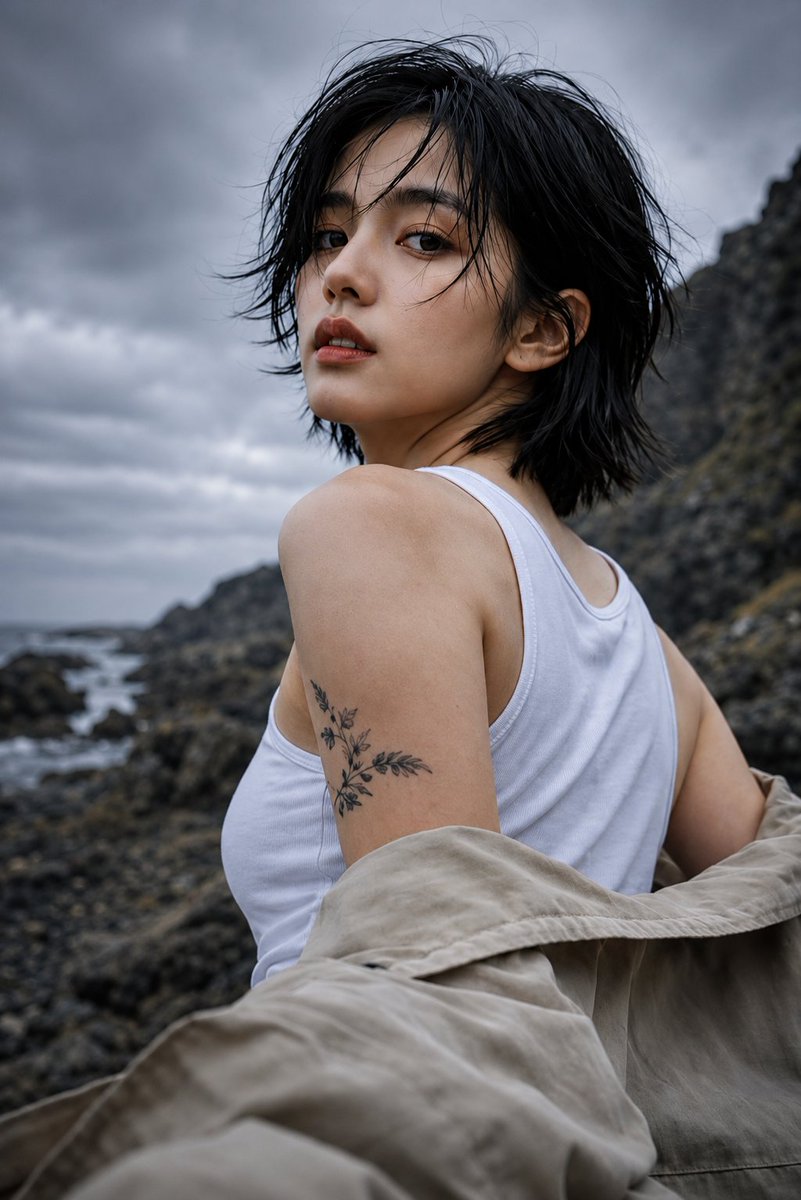 超写实编辑级时尚人像：一位年轻东亚女性站在崎岖的火山海岸线上，背景是戏剧性的风暴云，正面直视镜头，表情平静自信，嘴唇微微张开。黑色短款层次波波头发型，自然风吹起的发丝轻拂脸颊，浓密自然的眉毛，...