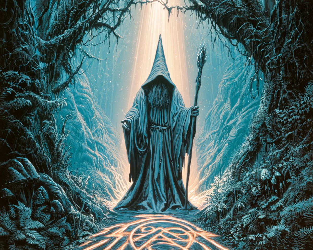 神秘的森林守护者伫立于古老的林间圣地之中，身着长长的仪式长袍，扭曲的树木形成天然拱门，地面刻有发光的符号，温暖的光线透过树冠倾泻而下，宁静而超自然的氛围 --sref 52722493 --v...