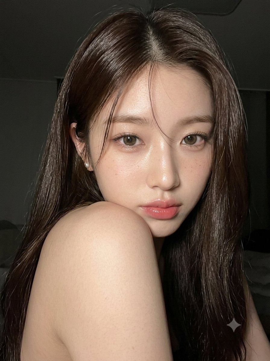 超写实特写美妆人像：一位令人惊艳的年轻东亚女性，拥有无瑕的瓷质肌肤和自然透亮的妆容，夜晚在柔光室内拍摄。她用温暖且富有表现力的深棕色眼睛直视镜头，神情平静而微妙诱人，营造出亲密迷人的氛围。 她...