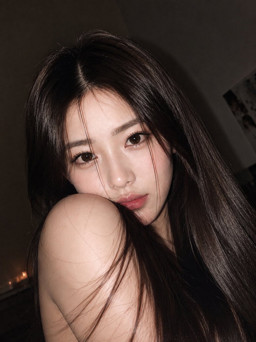 超写实特写美妆人像：一位令人惊艳的年轻东亚女性，拥有无瑕的瓷质肌肤和自然透亮的妆容，夜晚在柔光室内拍摄。她用温暖且富有表现力的深棕色眼睛直视镜头，神情平静而微妙诱人，营造出亲密迷人的氛围。 她...