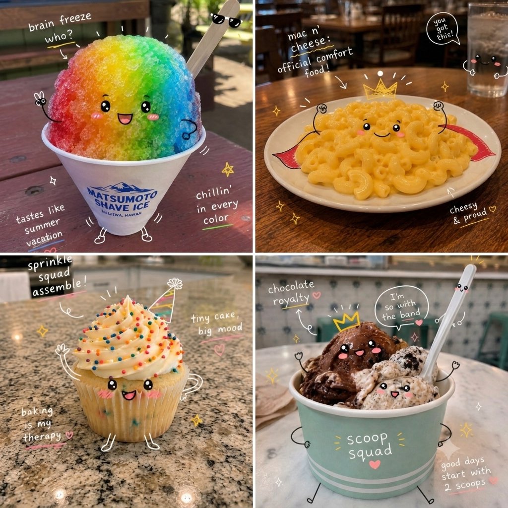 将一张食物特写照片转化为俏皮可爱的卡哇伊涂鸦风格。添加可爱的手绘卡通眼睛、微笑的嘴巴、玫瑰色的腮红、小手和小脚，让食物看起来生动而有表现力。用俏皮的白色涂鸦环绕它，包括闪光、星星、爱心、箭头、...