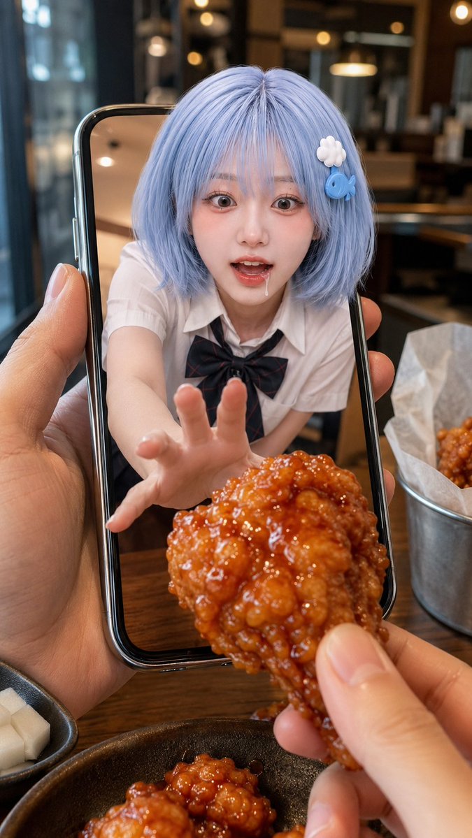 以上传的人像或角色参考图作为主要身份、发型、服装、配饰和造型参考。 在新餐厅快照场景中自然重新诠释上传的人物，同时保持其清晰可识别。不要过于字面化地复制参考图的姿势或表情。不要让面部看起来像贴...