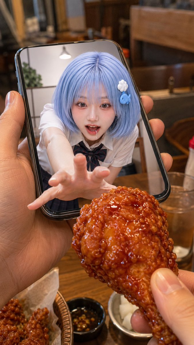 以上传的人像或角色参考图作为主要身份、发型、服装、配饰和造型参考。 在新餐厅快照场景中自然重新诠释上传的人物，同时保持其清晰可识别。不要过于字面化地复制参考图的姿势或表情。不要让面部看起来像贴...