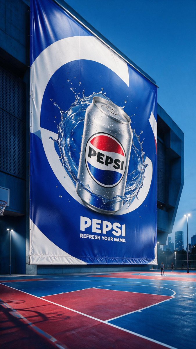 使用所提供的卷起状态的PEPSI广告牌图像，作为同一装置完全展开状态的锁定摄影底版。精确保留原始的1404×2496尺寸、裁切、低机位24mm球场角落镜头、地平线、消失点、对角透视、体育馆、混...