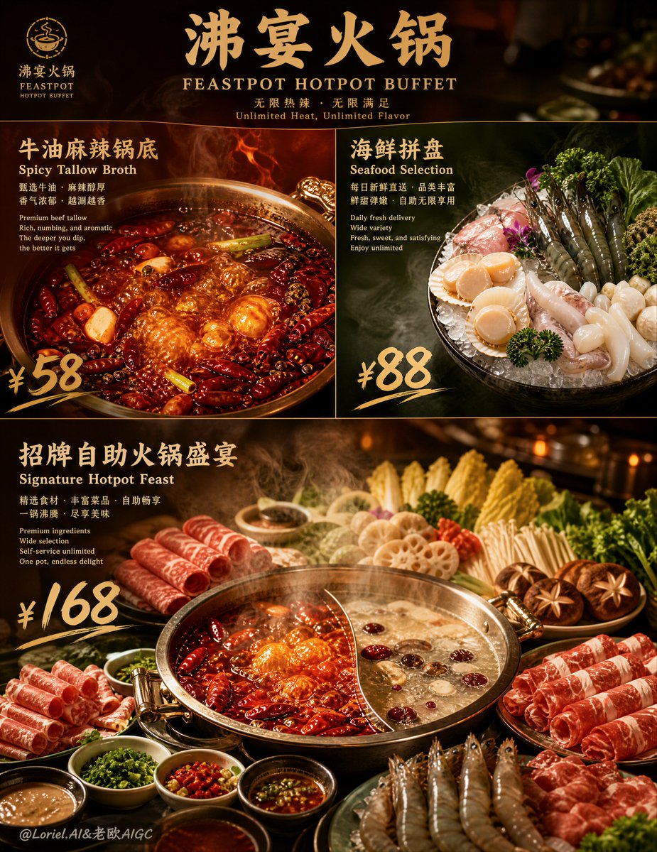 廉价自助餐传单,布局杂乱,卡通食物,清汤细节不足,价格模糊难辨,光线平淡,通用菜单板,肉类呈塑料感,蒸汽微弱,低分辨率纹理,构图凌乱,超市火锅风格