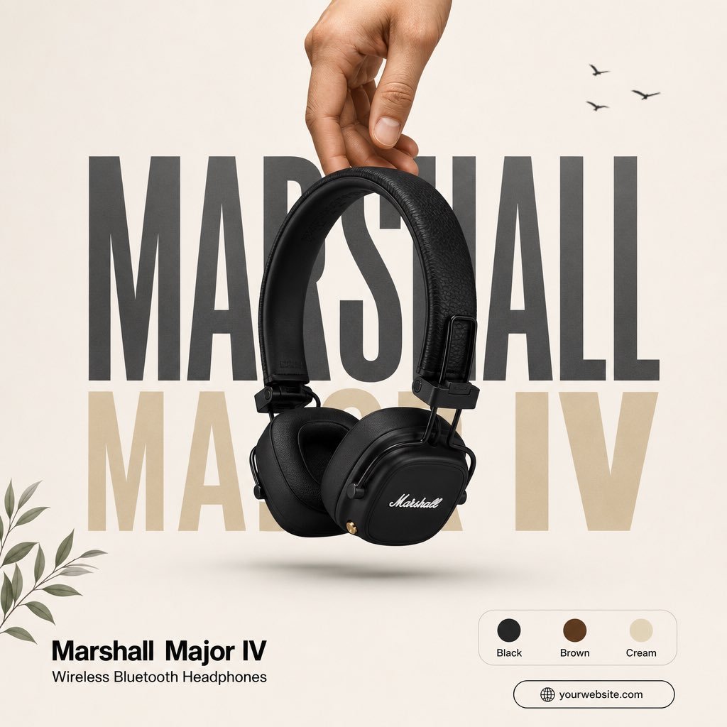OMPT 1： preate 一幅受现代 Apple 风格海报设计启发的高端极简产品广告。以 Mar Major IV Wireless Bluetooth On-Ear Headphones...