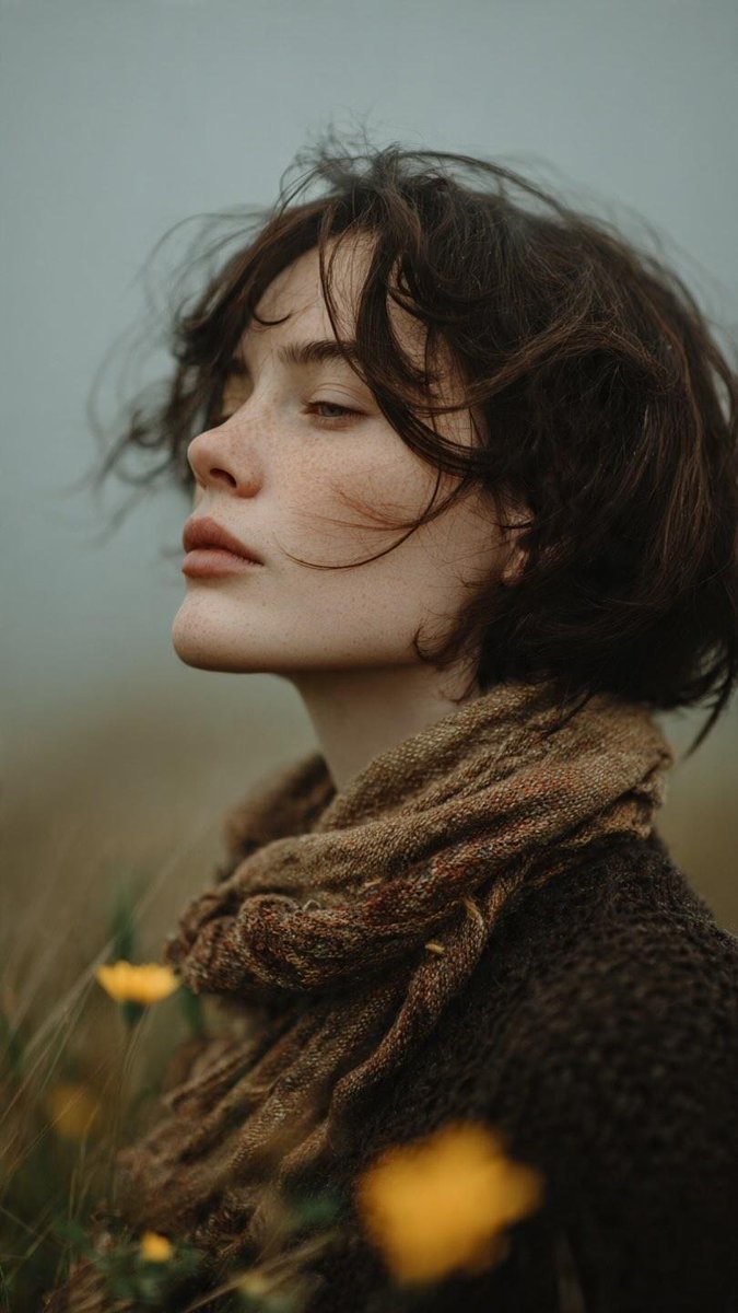 GPT image 2 on Chatgpt Prompt 1 – Windy Meadow Portrait(风中草甸肖像) 超写实电影级艺术肖像:一位年轻女性,留着凌乱的深色短发,有着柔和...