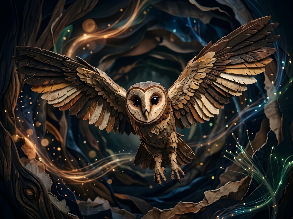 一只仓鸮（barn owl）在飞行中被捕捉，双翼大幅展开，背景为深色抽象风格。猫头鹰的脸正面朝向观者，其大而黝黑的眼睛十分醒目。背景中呈现出抽象的图形与缕缕光痕，营造出一种神秘或超自然的氛围。