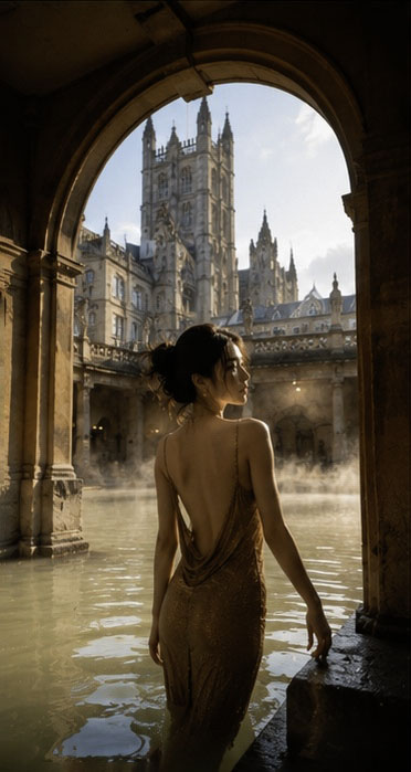 GPT Image 2 on ChatGPT Rome Bath｜2 Prompt ⬇️⬇️⬇️ 一位年轻成年东亚女性站在英国巴斯古罗马浴场的温泉池边，画面从头顶拍至臀部附近。人物位于中央略偏...