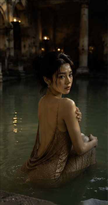 GPT Image 2 on ChatGPT Rome Bath｜2 Prompt ⬇️⬇️⬇️ 一位年轻成年东亚女性站在英国巴斯古罗马浴场的温泉池边，画面从头顶拍至臀部附近。人物位于中央略偏...
