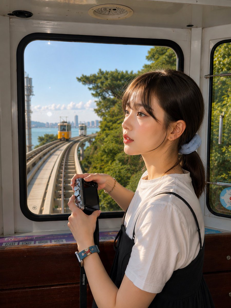 超写实的随行旅行人像照：一位可爱的年轻东亚女性，于晴朗午后站立于一列现代全景电车或自动化轨道车厢的前舱内。她以自然的侧脸姿态入镜，头部轻轻转向镜头，神情宁静而好奇，双唇微微分开，呈现出真实的旅...