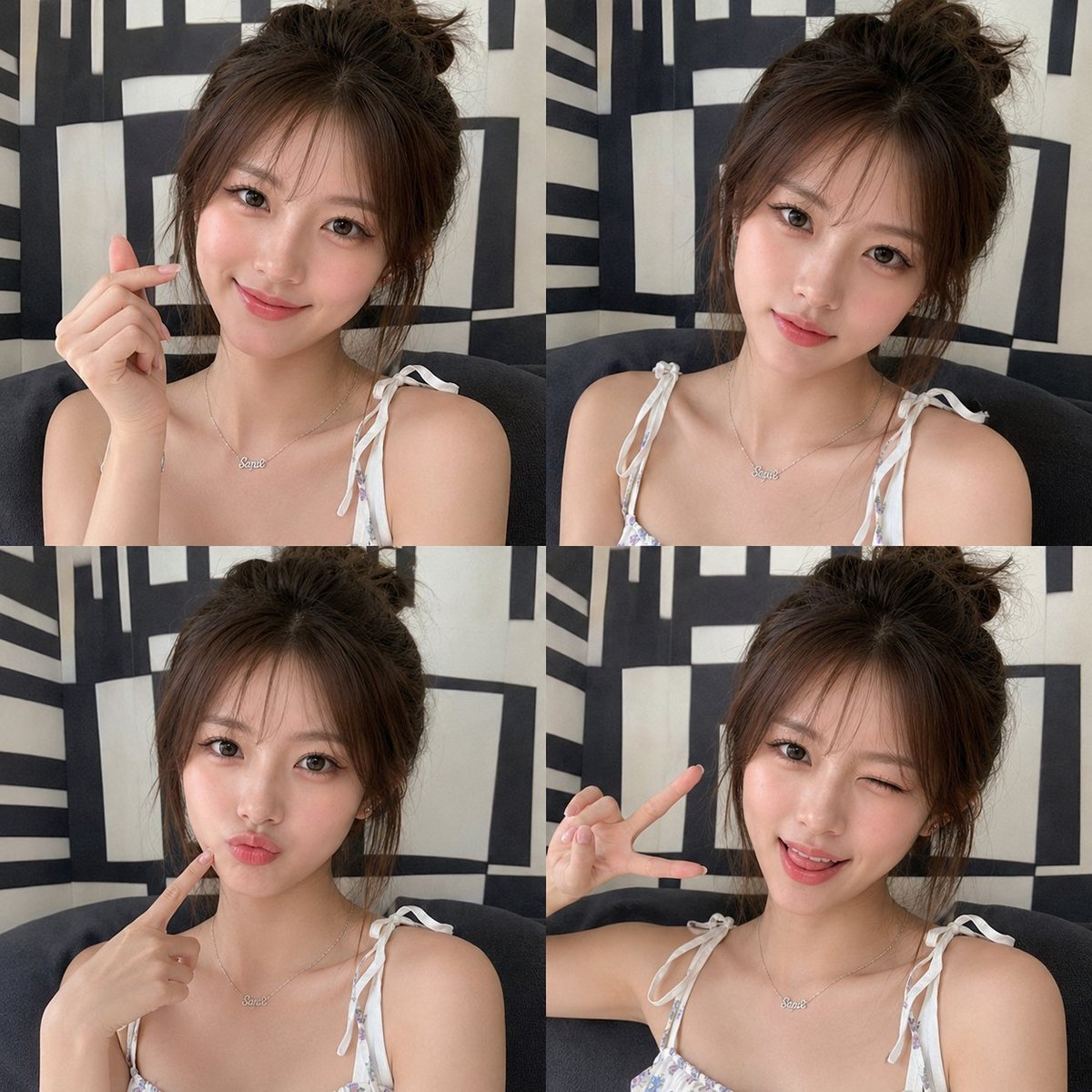 一张高端美妆拼贴画，由同一年轻东亚女性的四张超写实肖像组成，以整洁的 2×2 网格排列。她拥有柔软的瓷白肌肤、透亮的玫瑰色脸颊、温暖的棕色眼睛、自然有型的眉毛、淡淡的棕色眼影、卷翘的长睫毛、水...
