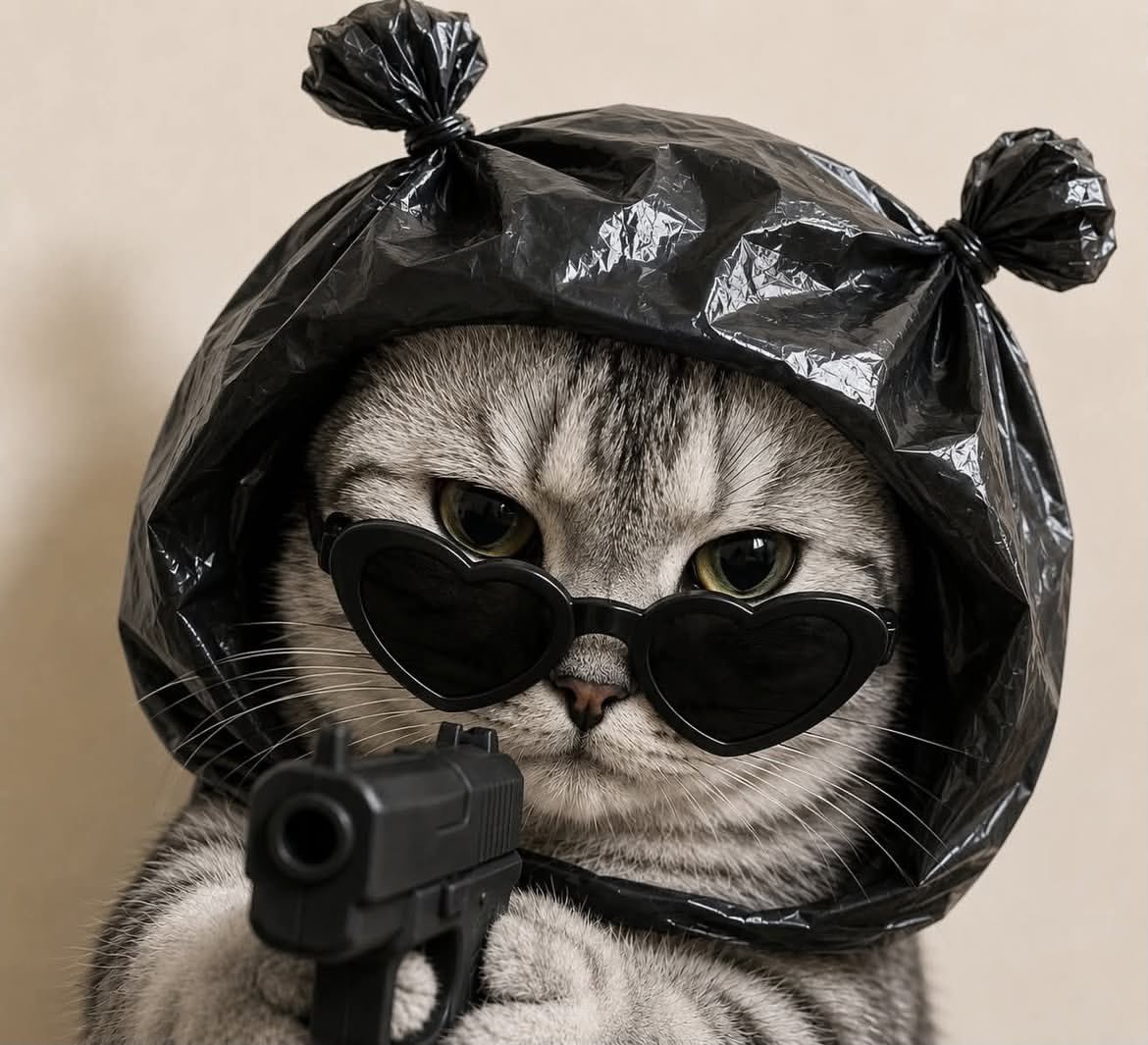 超写实的英国短毛猫特写肖像，猫咪体型圆润，置于画面正中央，正面直视镜头，表情完全面瘫、毫无表情。猫咪佩戴着超大号心形墨镜，颜色与整套造型完美一致（黑色、浅蓝色、黄色或任意自选颜色）。一只闪亮的...