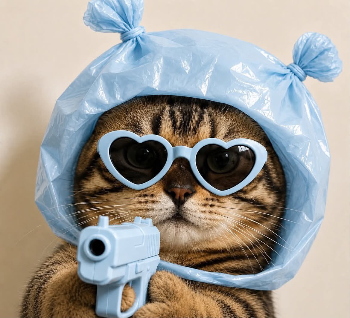 超写实的英国短毛猫特写肖像，猫咪体型圆润，置于画面正中央，正面直视镜头，表情完全面瘫、毫无表情。猫咪佩戴着超大号心形墨镜，颜色与整套造型完美一致（黑色、浅蓝色、黄色或任意自选颜色）。一只闪亮的...