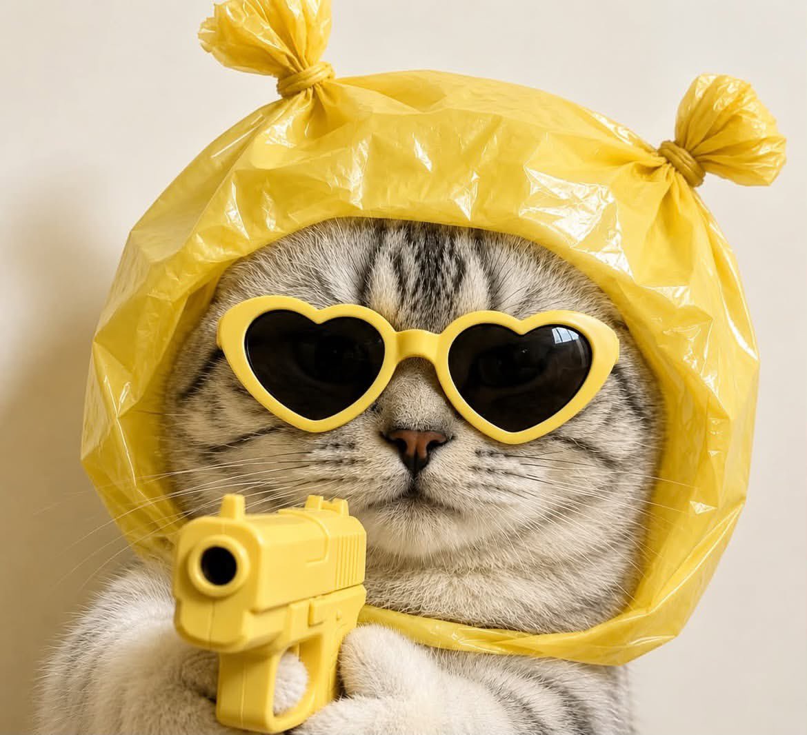 超写实的英国短毛猫特写肖像，猫咪体型圆润，置于画面正中央，正面直视镜头，表情完全面瘫、毫无表情。猫咪佩戴着超大号心形墨镜，颜色与整套造型完美一致（黑色、浅蓝色、黄色或任意自选颜色）。一只闪亮的...