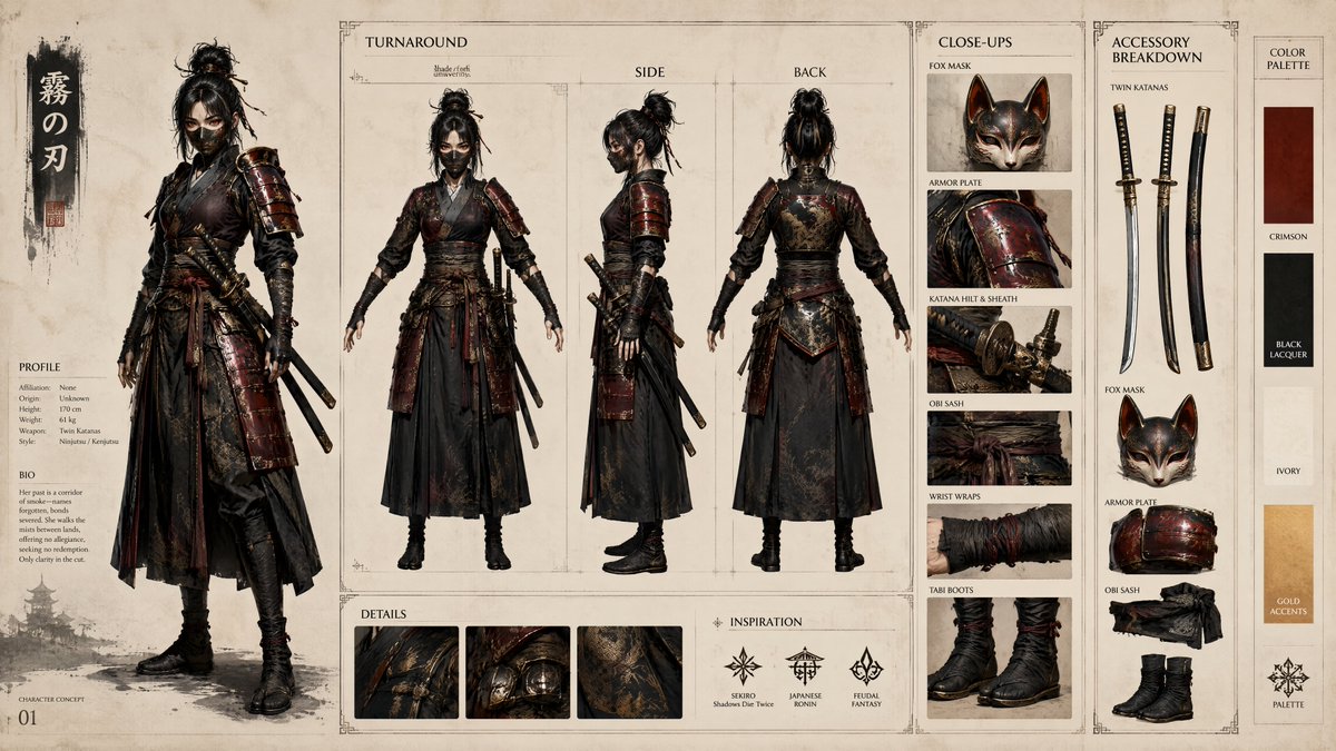 超高细节 16:9 武士角色设计图集，官方 AAA RPG 角色设定圣经，干净的编辑式布局，象牙色羊皮纸背景，配以极简日式水墨 UI 装饰。角色名"HANA"，称号"雾之刃"，副标题"一位戴面...