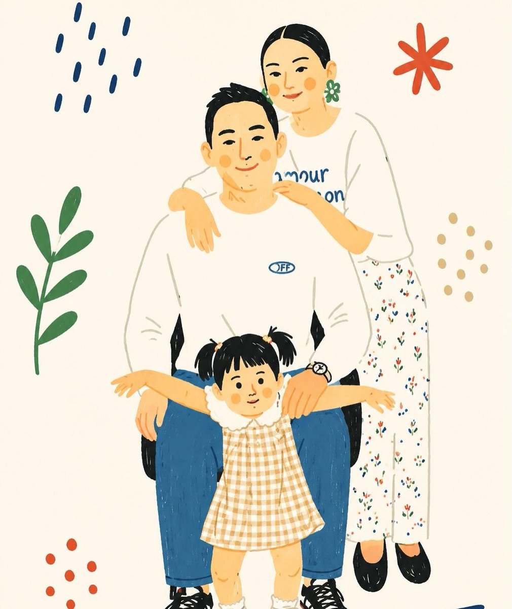 温馨极简扁平插画，采用温暖的韩式/日式绘本美学，描绘平凡而美好的家庭日常瞬间：柔和圆润的角色、简洁的面部特征、红润的脸颊、干净的黑色描边、低饱和度柔和粉彩色调、温暖的奶油色背景、俏皮的手绘装饰...