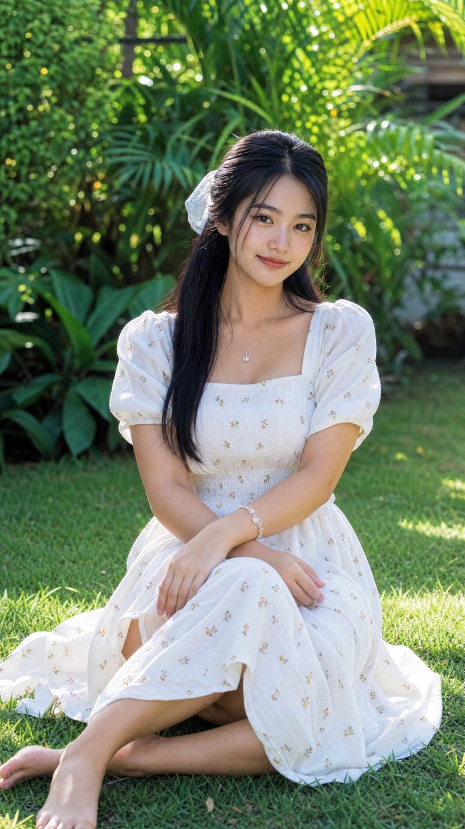 [GPT Image 2 提示词] 一位年轻的缅甸女性，长长的黑色直发用白色蕾丝发圈松松地扎起，盘腿坐在阳光明媚的花园中郁郁葱葱的绿草地上，柔和的斑驳阳光透过树叶洒落。她身穿一件精致的白色中长...