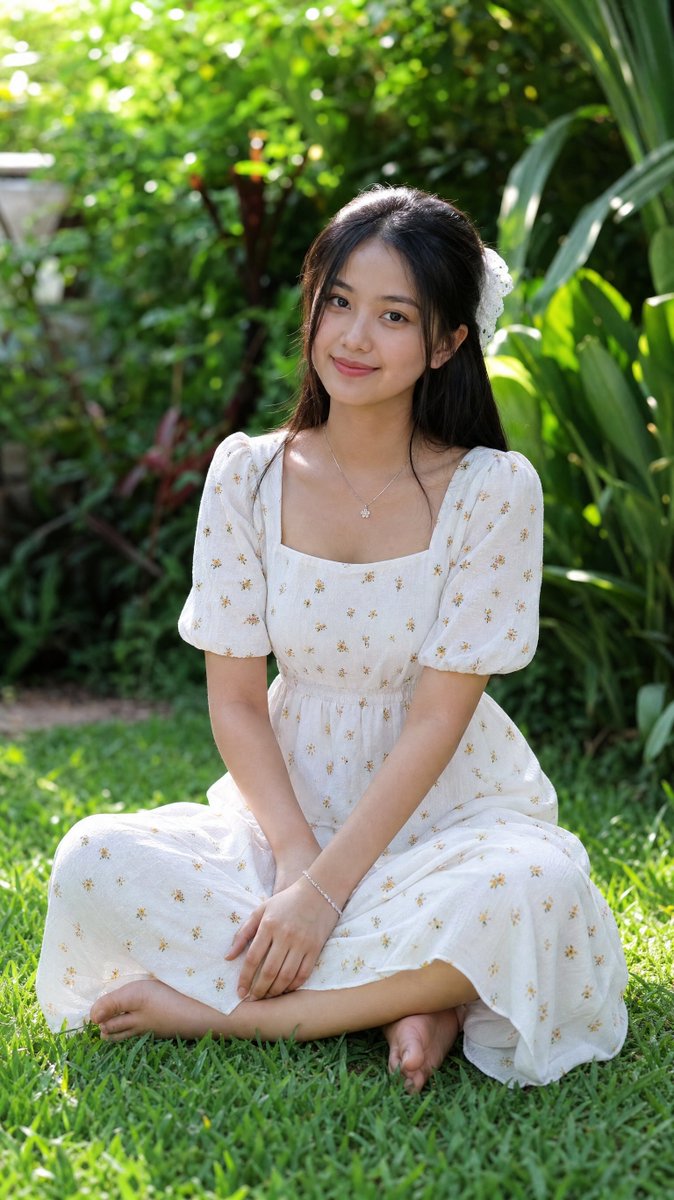 [GPT Image 2 提示词] 一位年轻的缅甸女性，长长的黑色直发用白色蕾丝发圈松松地扎起，盘腿坐在阳光明媚的花园中郁郁葱葱的绿草地上，柔和的斑驳阳光透过树叶洒落。她身穿一件精致的白色中长...