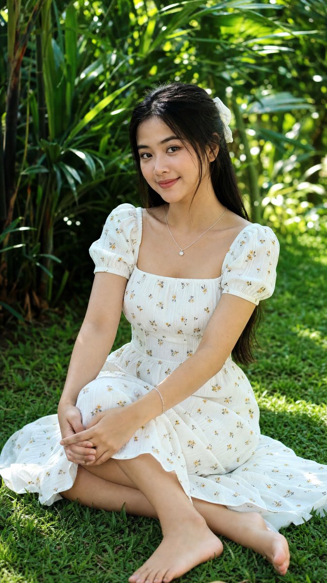 [GPT Image 2 提示词] 一位年轻的缅甸女性，长长的黑色直发用白色蕾丝发圈松松地扎起，盘腿坐在阳光明媚的花园中郁郁葱葱的绿草地上，柔和的斑驳阳光透过树叶洒落。她身穿一件精致的白色中长...