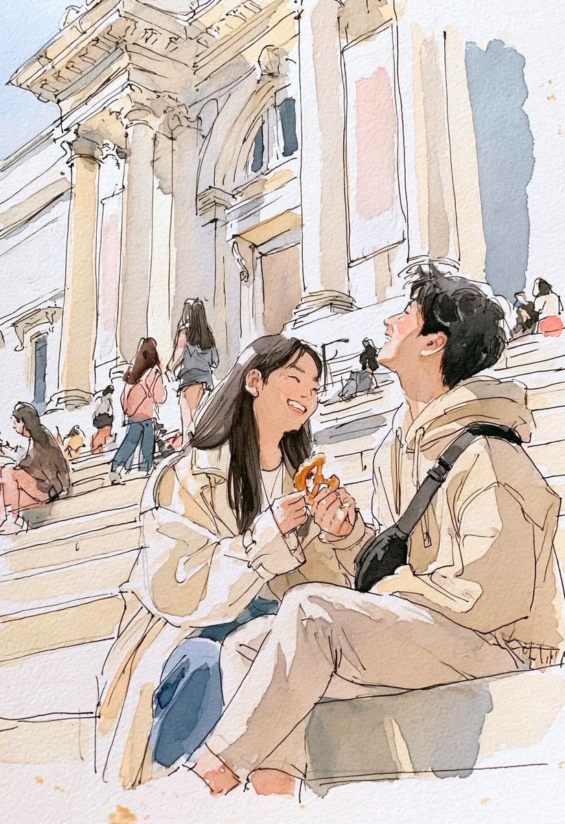 Create a beautiful watercolor travel sketch of SUBJECT in SCENE. The artwork should look like it...