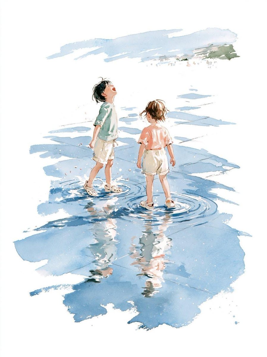 极简水彩插画，绘于纹理冷压手工纸上，3:4竖构图，大面积留白，精巧墨线艺术，半透明水彩晕染，湿叠湿花青，颜料颗粒沉淀，漂浮水珠，温馨生活切片，优雅编辑级品质，博物馆级品质，8K。 调色板：钴蓝...