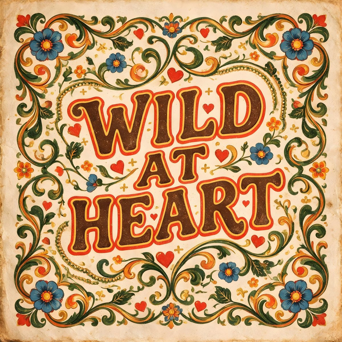 一幅复古风格的插画中,"WILD AT HEART"的字样以粗体、复古风格的字体呈现。文字周围环绕着蓝色花朵图案,花心为黄色,带有红色描边,并点...