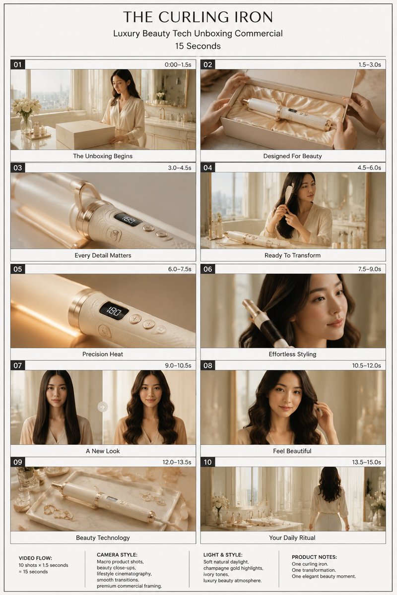 1️⃣ 分镜生成提示词（GPT Image 2） 创建一个专业的竖屏 9:16 美妆科技产品开箱分镜演示稿，在一块高级白色演示板上以干净的 2×5 网格排列展示 10 个电影感画面。 每个画面...